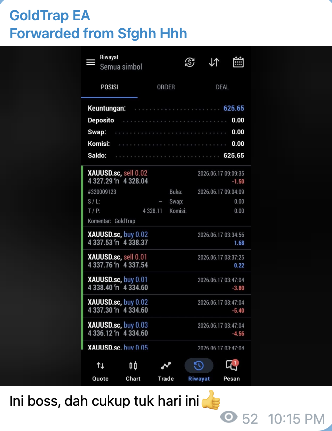 Screenshot testimoni pengguna GOLDTRAP EA 4